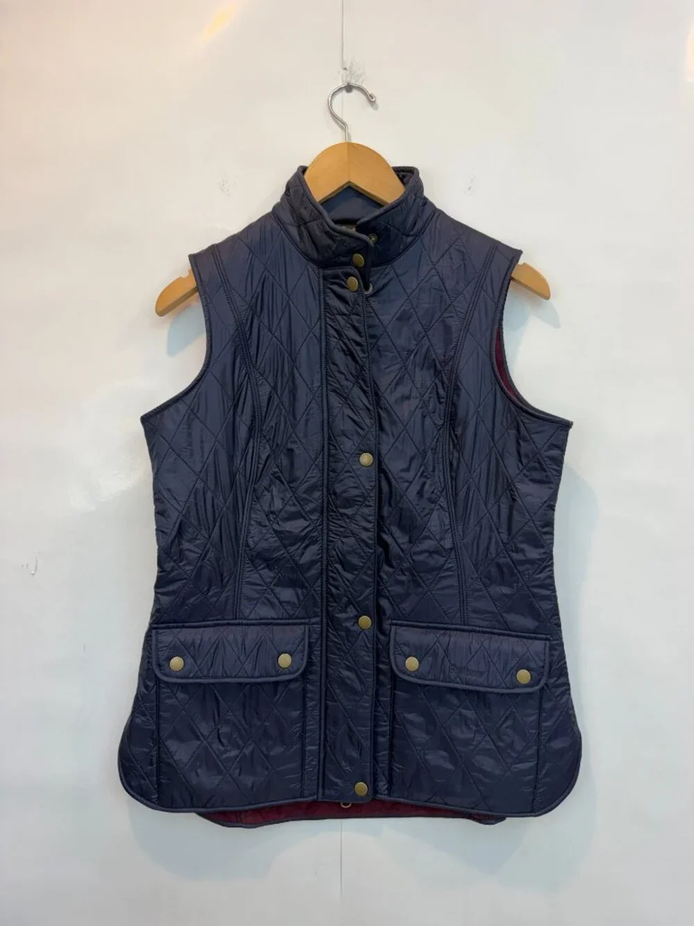 Barbour Women's Wray Gilet Navy Blue Quilted Vest Snap Front Collared Size US 8